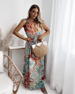 Sukienki Długie|Plus Size^Royalfashion Wzorzysta zielono - pomarańczowa damska sukienka zielony