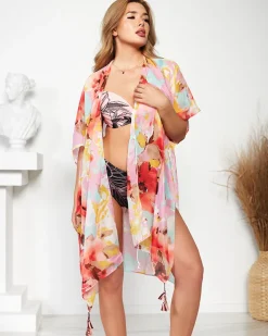 Narzutka Plażowa^Royalfashion Wzorzyste pareo damskie w kolorze m różowy