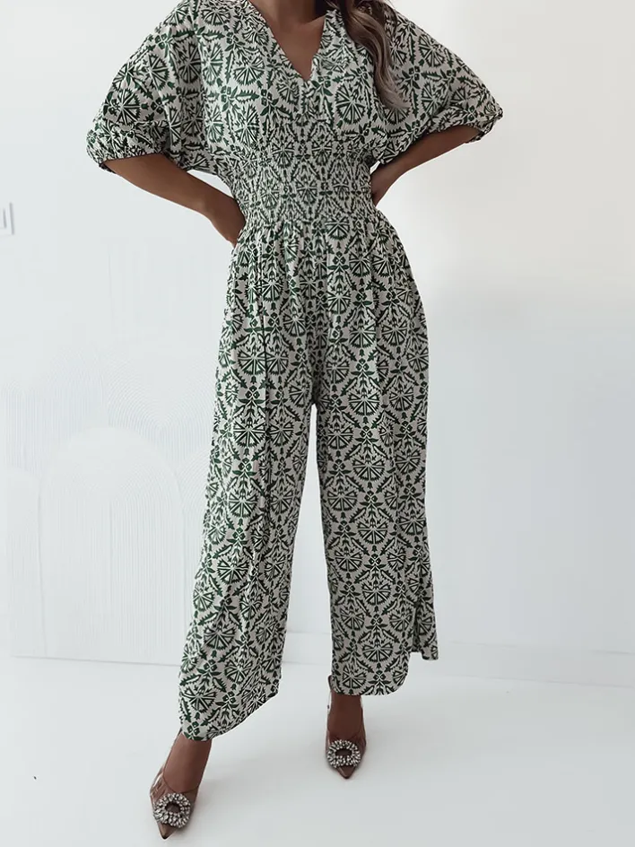 Kombinezony^Royalfashion Wzorzysty kombinezon damski zielony
