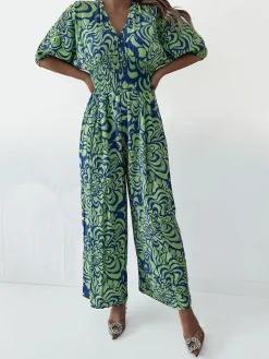 Spodnie Materiałowe|Kombinezony^Royalfashion Wzorzysty kombinezon damski zielony