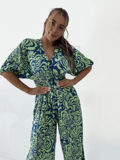 Spodnie Materiałowe|Kombinezony^Royalfashion Wzorzysty kombinezon damski zielony