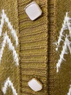 Swetry^Royalfashion Wzorzysty musztardowy damski sweter narzutka Musztarda