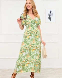 Sukienki Letnie|Sukienki Długie^Royalfashion Zielona damska długa sukienka z modnym wzorem zielony