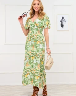 Sukienki Letnie|Sukienki Długie^Royalfashion Zielona damska długa sukienka z modnym wzorem zielony