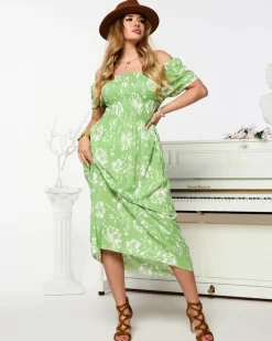 Plus Size^Royalfashion Zielona damska sukienka midi z roślinnym wzorem zielony