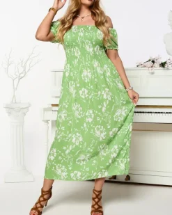 Plus Size^Royalfashion Zielona damska sukienka midi z roślinnym wzorem zielony
