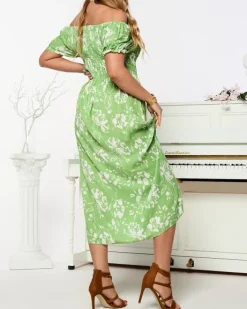 Plus Size^Royalfashion Zielona damska sukienka midi z roślinnym wzorem zielony