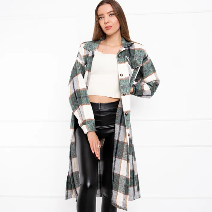 Bluzki / Koszule / Koszulki^Royalfashion Zielona długa koszula damska w kratę zielony