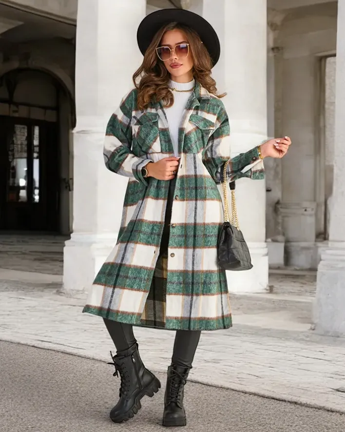 Bluzki / Koszule / Koszulki^Royalfashion Zielona długa koszula damska w kratę zielony