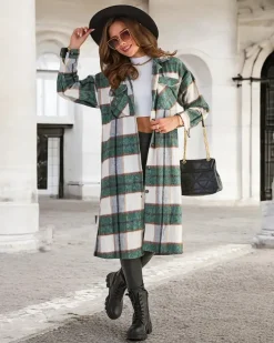 Bluzki / Koszule / Koszulki^Royalfashion Zielona długa koszula damska w kratę zielony