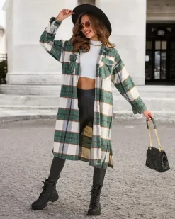 Bluzki / Koszule / Koszulki^Royalfashion Zielona długa koszula damska w kratę zielony