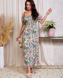 Plus Size^Royalfashion Zielona sukienka damska midi w kwiaty zielony