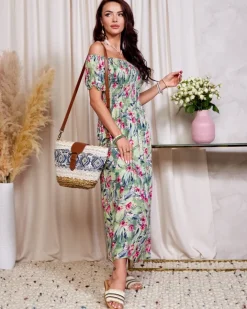 Plus Size^Royalfashion Zielona sukienka damska midi w kwiaty zielony