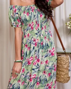 Plus Size^Royalfashion Zielona sukienka damska midi w kwiaty zielony