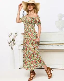 Sukienki Letnie|Sukienki Długie^Royalfashion Zielona sukienka damska midi we wzór w kwiaty zielony