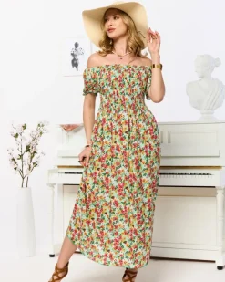 Sukienki Letnie|Sukienki Długie^Royalfashion Zielona sukienka damska midi we wzór w kwiaty zielony