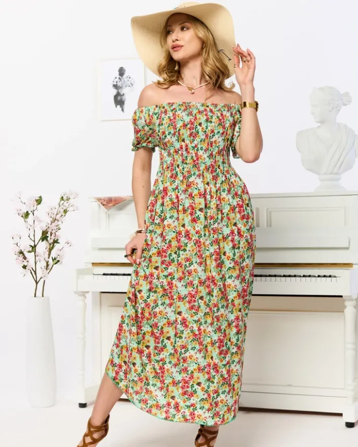 Sukienki Letnie|Sukienki Długie^Royalfashion Zielona sukienka damska midi we wzór w kwiaty zielony