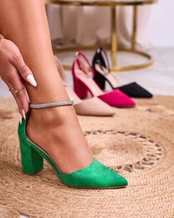 Klasyczne^Royalfashion Zielone damskie czółenka z cyrkoniami Britica zielony