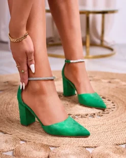 Klasyczne^Royalfashion Zielone damskie czółenka z cyrkoniami Britica zielony