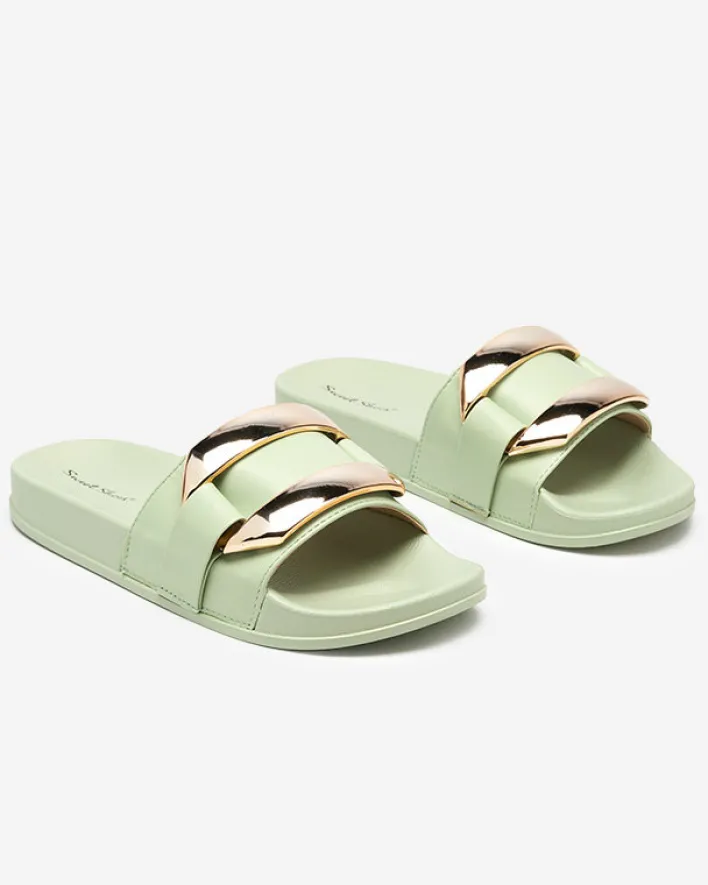 Klapki Płaskie^Royalfashion Zielone damskie klapki ze złotą ozdobą Serina zielony