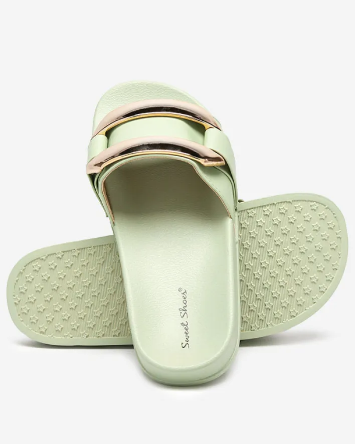 Klapki Płaskie^Royalfashion Zielone damskie klapki ze złotą ozdobą Serina zielony