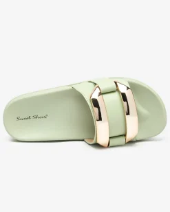 Klapki Płaskie^Royalfashion Zielone damskie klapki ze złotą ozdobą Serina zielony