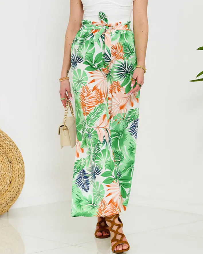 Spodnie Materiałowe^Royalfashion Zielone damskie spodnie palazzo z roślinnym wzorem zielony