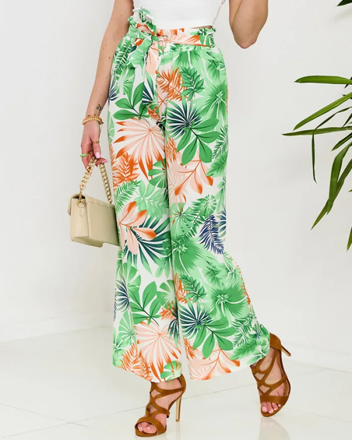 Spodnie Materiałowe^Royalfashion Zielone damskie spodnie palazzo z roślinnym wzorem zielony