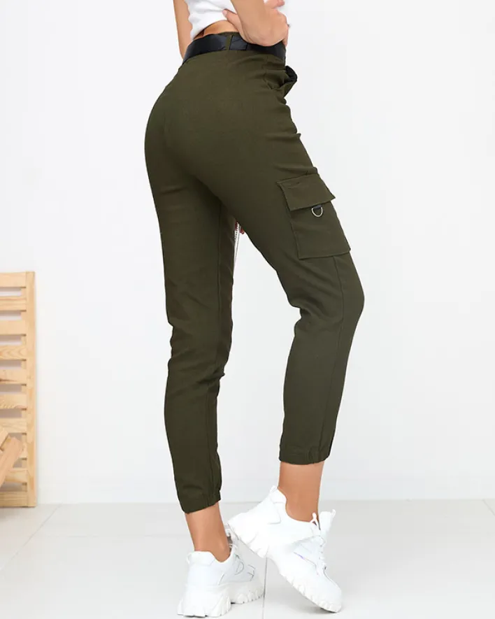 Spodnie Cargo|Spodnie Materiałowe^Royalfashion Zielone spodnie cargo ocieplane z kieszeniami zielony