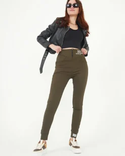 Legginsy / Tregginsy|Spodnie Materiałowe^Royalfashion Zielone tregginsy damskie materiałowe z ozdobnymi napisami zielony