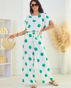 Komplety Damskie^Royalfashion Zielono - biały damski komplet w groszki zielony