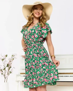 Plus Size^Royalfashion Zielono- różowa krótka damska sukienka z printem zielony