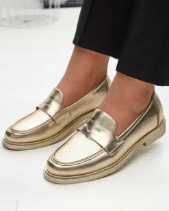 Półbuty|Mokasyny Na Płaskiej Podeszwie^Royalfashion Złote mokasyny damskie z eko skóry Zibom złoty