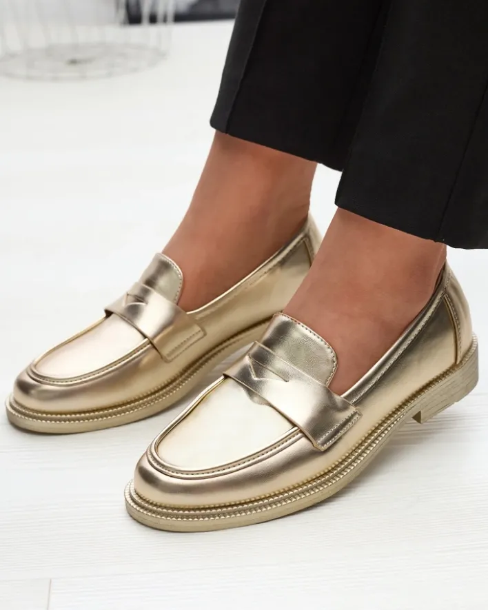 Półbuty|Mokasyny Na Płaskiej Podeszwie^Royalfashion Złote mokasyny damskie z eko skóry Zibom złoty