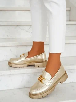 Półbuty|Mokasyny Na Płaskiej Podeszwie^Royalfashion Złote Mokasyny Chloé Elegancki Styl Damski złoty